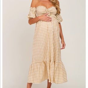 PinkBlush maternity Camel Gingham Sweetheart Off Shoulder Maternity Midi Dress